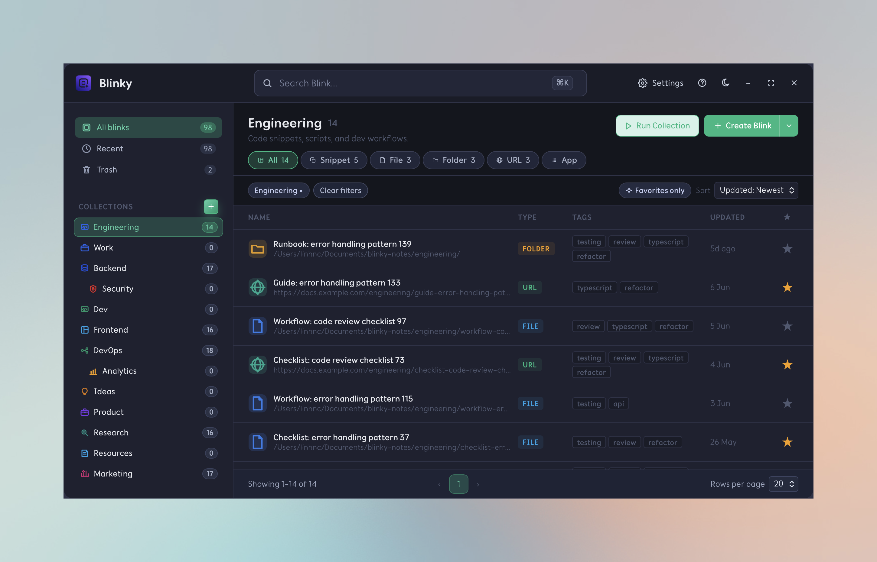 Blinky dark mode — Library view